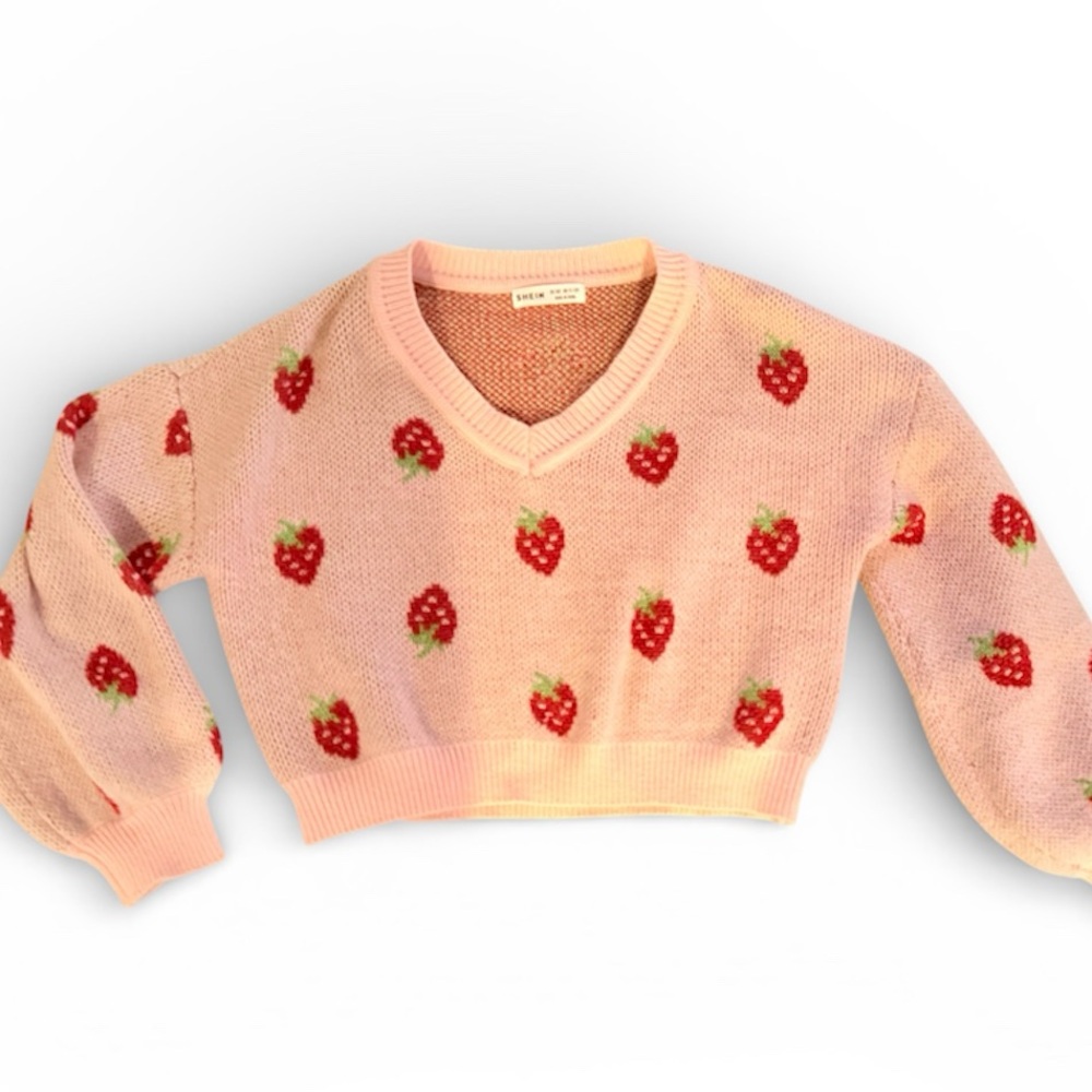 SHEIN Pink Strawberry Sweater youth size 11-12. Cropped sweater pink